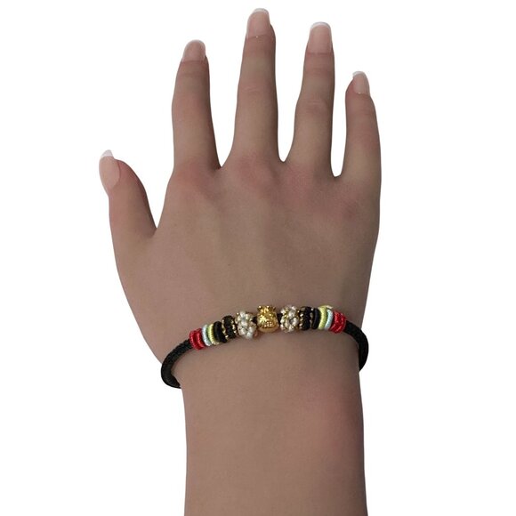 18K Gold Money Bag Bracelet Multicolor Yarn Rose Quartz Square Bead Size 6-6.5" - Picture 6 of 9